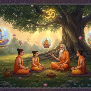 A serene ancient Indian forest clearing at dawn, where a wise elderly guru with silver hair and traditional white dhoti sits cross-legged on an ornate meditation mat, teaching three young disciples. Behind them, a massive sacred banyan tree with golden light filtering through its leaves creates a natural mandala pattern on the ground. The scene is adorned with intricately detailed Madhubani-style borders featuring vedic symbols and geometric patterns in deep maroon and saffron. Floating ethereal spheres containing miniature scenes from the Upanishads hover in the air - one showing the dialogue between Nachiketa and Yama, another depicting Svetaketu learning from his father. Sacred threads and floating lotus flowers in pastel pink and blue weave through the scene. A subtle om symbol glows in golden light above the gathering. The lighting is mystical with warm golden rays creating a spiritual atmosphere. The art style merges traditional Pattachitra techniques with modern digital art, emphasizing rich textures and flowing lines. The entire scene is framed by intricate mandala patterns that fade from deep peacock blue to cosmic purple at the edges.