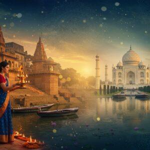 A majestic panoramic scene of Varanasi's ancient ghats at golden sunset, with ornate stone steps descending into the shimmering Ganges River. In the foreground, a young Indian woman in a deep blue and gold silk saree performs the traditional aarti ceremony, holding a bronze lamp with multiple flames. Behind her, the iconic Dashashwamedh Ghat features intricate Madhubani-style patterns in rich saffron and maroon. Traditional wooden boats adorned with marigold garlands float on the sacred waters. The scene transitions into a artistic collage showing the magnificent white marble dome of the Taj Mahal emerging from morning mist, surrounded by perfectly manicured gardens with geometric patterns. The sky features delicate mandala patterns in gold and peacock blue, while ethereal light rays filter through. The composition includes subtle elements of Uttar Pradesh's cultural heritage - intricate Chikan embroidery patterns, peacock motifs, and lotus flowers floating in the water. The entire scene is rendered in a fusion of traditional Pattachitra art style with modern digital techniques, using a color palette of deep blues, burnished golds, earthy terracotta, and touches of emerald green. Soft glowing orbs of light scattered throughout create a mystical atmosphere, while maintaining photographic realism in the architectural details.