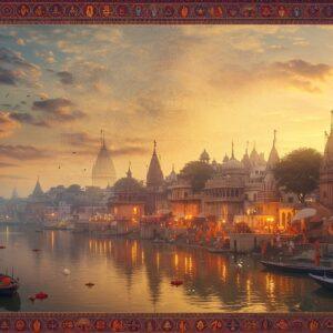 A grand aerial view of the sacred city of Varanasi at dawn, with golden sunlight illuminating the ancient ghats along the Ganges River. In the foreground, intricately detailed Madhubani-style border featuring sacred symbols and geometric patterns in deep maroon and saffron. The middle ground shows detailed stone temples with ornate architecture, their spires reaching towards a mystical sky filled with soft pastel clouds. Traditional oil lamps and floating flowers create glowing points of light on the river's surface. The scene seamlessly blends into a stylized mandala pattern in the sky, incorporating architectural elements of various UP temples - Vishwanath Temple's golden spires, Krishna Janmabhoomi's ornate domes, and Sarnath's Buddhist structures. The water reflects these elements, creating a mirror-like effect with ethereal blue and gold ripples. Multiple small vignettes within the composition show sadhus in traditional orange robes, pilgrims performing rituals, and sacred cows adorned with flowers. The entire image has a dreamy, surreal quality with a color palette of deep saffron, royal blue, burnished gold, and subtle pearl white, all rendered in a style mixing traditional Indian art with modern digital aesthetics. Hyperrealistic details in the architecture and water reflections, photorealistic lighting effects, cinematic atmosphere, ultra-detailed, volumetric god rays streaming through morning mist.