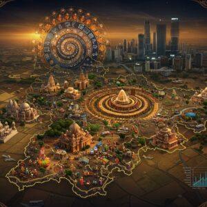 A stunning aerial view of Uttar Pradesh's landscape at golden hour, featuring a seamless blend of modern city skylines and traditional architecture. In the foreground, intricate Madhubani-style patterns form the shape of UP's geographical boundary filled with miniature elements - bustling markets, farmers in fields, and modern IT hubs. The scene transitions from rural to urban, with golden wheat fields merging into gleaming glass buildings. A large, ornate mandala in saffron and deep blue hovers above, containing symbolic elements of progress - computers, factories, and agricultural motifs. Multiple layers of population density are shown through stylized human figures in traditional Indian attire, arranged in a flowing spiral pattern. The composition includes modern highways weaving through ancient temples, emphasizing the state's cultural heritage alongside development. The color palette features rich earth tones, deep maroons, and metallic golds, with ethereal glowing elements highlighting key economic zones. Delicate lotus patterns frame the corners, while digital data visualization elements are subtly integrated using peacock blue light streams. The style combines hyperrealistic architectural details with mystical Indian art elements, creating a captivating visual narrative of progress and tradition.