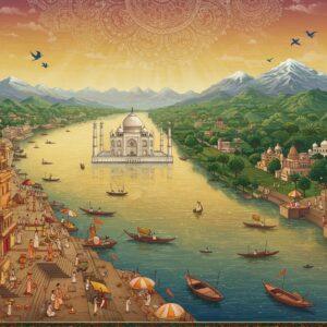 A majestic aerial view of the sacred Ganges River flowing through multiple states, rendered in rich traditional Indian art style with modern digital elements. The river appears as a glowing, golden serpentine path, decorated with intricate Madhubani-style patterns along its banks. In the foreground, the iconic Varanasi ghats with traditional stone steps, floating diyas, and deep saffron-robed priests performing aarti. The middle ground showcases the grand Taj Mahal emerging from morning mist, surrounded by geometric Islamic patterns in peacock blue and gold. The background transitions into the green hills of Uttarakhand with snow-capped Himalayas, decorated with Pahadi folk art motifs. Small boats with pilgrims dot the river, while ancient temples and modern cities blend seamlessly along the riverbank. The sky features intricate mandala patterns in soft pastel colors, with rays of golden light breaking through. The scene includes subtle details like flying birds, temple spires, and farming fields in a patchwork pattern, all rendered in a harmonious blend of traditional Pattachitra and contemporary digital art style. The overall color palette combines deep maroons, royal blues, and warm golds with softer pastel tones, creating a serene yet vibrant atmosphere.