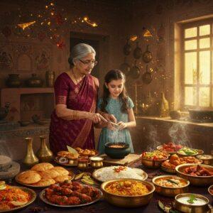 A richly detailed traditional Indian kitchen scene with an elderly Indian grandmother in a vibrant maroon silk saree teaching her granddaughter in modern clothes the art of cooking. The foreground showcases an elaborate spread of iconic Uttar Pradesh dishes - golden kebabs on silver platters, steaming bowls of aromatic biryani, glistening white malai ki gilori, and colorful chaat in brass vessels. The kitchen features ornate copper and brass utensils hanging from walls, with intricate Madhubani-style artwork depicting food motifs adorning the background. Warm golden light streams through a traditional jharokha window, creating a magical atmosphere. Ancient stone grinding wheels and modern kitchen tools seamlessly blend together. Floating magical particles of spices - saffron, cardamom, and cinnamon - create a mystical aura. The scene is rendered in a style merging traditional Awadhi art with modern digital aesthetics, using deep jewel tones of peacock blue, royal gold, and rich maroon. Smoke from tandoor creates ethereal patterns in air, with soft focus depth of field highlighting the main elements.