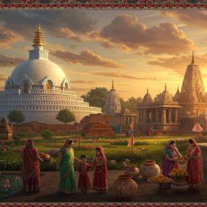 A panoramic view of ancient Vaishali, rendered in a fusion of Madhubani and digital art styles, showing a majestic Vishwa Shanti Stupa in white marble glowing in golden sunset light. In the foreground, an intricately detailed garden with blooming lotus ponds and traditional Buddhist prayer flags fluttering. The middle ground features a vibrant marketplace scene with local women in colorful Bihar-style sarees selling traditional Lichis, earthen pots of Madhubani designs, and authentic Bengali sweets. A contemporary Indian family of tourists, dressed in modern casual wear, exploring the scene. The background showcases the architectural marvel of Abhishek Pushkarini (coronation tank) with its stepped ghats, surrounded by ancient pillars and stupas. The sky features soft, ethereal clouds in shades of saffron and peacock blue, with subtle mandala patterns. The lighting is warm and golden, creating a dreamy atmosphere. The scene is framed by traditional Madhubani border patterns featuring peacocks, fish, and lotus motifs in deep maroon and gold colors. Hyperrealistic details with magical realism touches, cinematic composition, soft bokeh effect.