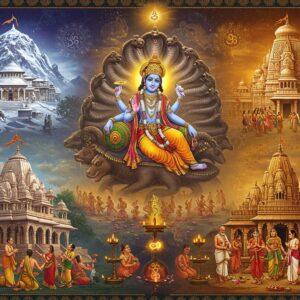 A grand panoramic scene depicting four distinct Indian temples representing regional Vaishnava traditions - a snow-capped Badrinath temple in North, the white-domed Jagannath temple of Puri in East, the towering Srirangam temple in South, and the ornate Dwarkadhish temple in West, arranged in a mystical mandala formation. In the center, a luminous figure of Lord Vishnu in His celestial form, reclining on Shesha Naga, rendered in traditional Pattachitra style with modern digital aesthetics. Four distinct groups of devotees in regional attire (North Indian kurtas, Bengali dhotis, South Indian veshtis, and Gujarati traditional wear) performing their unique worship styles. The scene is bathed in ethereal golden light with floating lotus petals and Vaishnava symbols (shankha, chakra, gada, padma). Intricate Madhubani-style patterns frame the corners, while modern gradient lighting creates depth. The atmosphere is mystical with swirling energy patterns in peacock blue and saffron. Vishnu's four hands hold his traditional symbols - conch shell in upper right, discus in upper left, mace in lower right, and lotus in lower left.