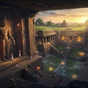 A majestic aerial view of the Ajanta Caves at sunset, with intricate details of Cave 1's facade illuminated by golden light. The scene showcases master craftsmen in period-accurate Vakataka-era clothing (4th-5th century CE) carving elaborate Buddhist murals and sculptures. The foreground features a detailed recreation of the famous Padmapani Bodhisattva painting with its characteristic deep reds, blues, and golds, floating ethereally against the cave walls. Multiple levels of the caves are visible, connected by ancient stone steps. Soft, mystical light filters through the cave openings, creating dramatic shadows. The surrounding landscape shows lush greenery of the Deccan plateau with period-accurate architecture of Vakataka temples in the distance. The composition includes floating lotus flowers, glowing mandalas, and swirling energy patterns in Madhubani style. The color palette combines rich earth tones with deep indigos, burnished golds, and subtle spiritual auras. The scene is rendered in a style merging hyperrealistic architectural details with ethereal, dreamlike elements of traditional Indian art. Atmospheric perspective shows misty valleys below the caves, with small streams reflecting the sunset. The lighting emphasizes the grandeur of the architecture while maintaining a mystical, spiritual atmosphere.