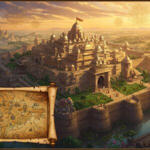 A majestic aerial view of ancient Nagardhan fort-city during sunset, rendered in rich Pattachitra style with modern digital aesthetics. The fort's intricate architecture features ornate stone walls and multiple levels, surrounded by flourishing gardens and water bodies. In the foreground, a detailed miniature map of the Vakataka Empire unfolds like a golden scroll, with delicate Madhubani-style border patterns. The map shows major trade routes marked with glowing lines connecting various capitals. Prominent Indian architectural elements like stepped wells, temples, and stupas dot the landscape. The scene is illuminated by warm, ethereal light with peacock blue and deep saffron hues. Royal elephants adorned with detailed decorative elements stand at the fortress gates. Floating above are subtle mandala patterns in gold leaf effect, representing the empire's Buddhist-Hindu synthesis. The entire composition is framed by traditional Indian architectural motifs and lotus flowers, with a mystical atmosphere created by soft light rays filtering through clouds. Intricate details show artisans working with metals and textiles, highlighting the empire's craftsmanship. The art style combines hyperrealistic architectural details with traditional Indian art elements, creating a seamless blend of historical accuracy and artistic interpretation.