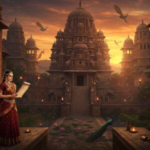 A majestic Indian palace complex in the Vakataka architectural style, featuring intricate stone carvings and multiple-tiered structures rising against a dramatic sunset sky in deep oranges and purples. The central structure showcases the distinctive Ajanta-style architecture with elaborate columns, carved elephants, and geometric patterns. In the foreground, a noble Vakataka queen in rich maroon and gold silk garments adorned with period-accurate jewelry stands regally, holding a scroll. The scene is surrounded by detailed Ajanta-style murals floating ethereally, depicting scenes of court life and Buddhist narratives in rich earth tones and gold leaf accents. Multiple levels of the palace are illuminated by warm glowing torches. The surrounding landscape features blooming lotus ponds and gardens with peacocks. The art style combines hyperrealistic architectural details with the dreamlike quality of traditional Indian miniature paintings, enhanced by a subtle golden haze and floating particles of light. The perspective is slightly elevated to showcase the grandeur of the empire, with distant mountains and forests visible in the background.