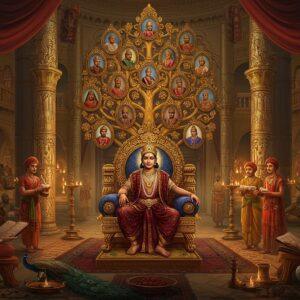 A majestic Indian royal court scene depicting the Vardhana dynasty, with King Prabhakarvardhana seated on an ornate golden throne at the center, wearing rich silk robes in deep maroon and gold, adorned with precious gems and a distinctive crown. Behind him stands a stylized golden tree with intricate Madhubani-style branches, each branch ending in medallions containing portraits of dynasty members. The throne room features tall pillars with detailed Gupta-era architectural patterns, illuminated by warm golden light streaming through ornate windows. In the foreground, court scholars hold ancient manuscripts, while royal guards in armor stand at attention. The scene incorporates traditional Indian art elements with detailed peacock motifs, lotus patterns, and geometric designs in rich colors of deep blue, saffron, and burgundy. The entire composition is framed by an elaborate mandala design with symbols of royalty and power. Multiple levels of the royal palace visible in the background showcase the grandeur of the dynasty, with floating silk curtains and oil lamps creating a mystical atmosphere. The art style combines hyperrealistic details with traditional Indian artistic elements, creating a seamless blend of historical accuracy and modern aesthetic appeal.