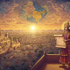 A majestic panoramic view of ancient Thanesar, capital of the Vardhana Empire, rendered in rich Madhubani-inspired art style. The cityscape features grand Indo-Buddhist architecture with towering spires and golden domes. In the foreground, Emperor Harsha Vardhana stands regally on an ornate balcony, wearing an elaborate crown and royal attire in deep maroon and gold, holding a ancient scroll map. Behind him, a large, intricate mandala-style map of his empire glows in metallic gold and peacock blue, showing territories from Bengal to Gujarat. The scene is illuminated by warm, ethereal light, with stylized clouds and celestial patterns in traditional Pattachitra style. Military formations with elephants and cavalry units are visible in the middle ground, depicted in miniature painting style. The landscape includes flowing rivers in silver, trade routes marked by caravans, and Buddhist monasteries dotting the terrain. Sanskrit inscriptions float as subtle golden energy patterns. The overall composition combines historical accuracy with a surreal, spiritual atmosphere, using a color palette of royal purple, burnished gold, deep indigo, and earthy saffron.