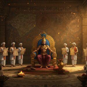 A majestic Indian royal court scene set in ancient Thanesar, featuring King Harsha Vardhana seated on an ornate golden throne with peacock motifs. He wears a rich burgundy dhoti, golden armor, and a jewel-studded crown. Around him, court scholars in white silk robes hold palm leaf manuscripts with different scripts - Brahmi, Gupta, and Sanskrit. The backdrop shows a massive carved stone wall with intricate Madhubani-style paintings depicting regional maps and royal seals. Multiple carved pillars feature inscriptions in various regional scripts. The lighting is warm and golden, casting dramatic shadows. In the foreground, a detailed marble floor features inlaid patterns of lotus designs and royal emblems. Court musicians play veena and ancient drums. The scene combines traditional Pattachitra art style with modern digital rendering, featuring rich colors like deep blue, gold, and maroon. The atmosphere is regal yet scholarly, with floating particles of light creating an ethereal ambiance. The architectural details show strong Gupta period influence with elements of Buddhist and Hindu motifs merged seamlessly.