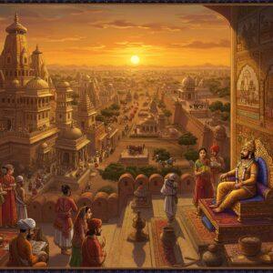 A majestic aerial view of ancient Thanesar (Sthanvishvara), the Vardhana capital, during sunset with golden-orange sky, featuring detailed Gupta-style architecture with multiple-tiered temples and grand palace complexes. In the foreground, King Harsha Vardhana sits on an ornate golden throne in his royal court, wearing elaborate royal attire with precious gems and a distinctive crown. He's surrounded by ministers in formal court dress, scholars with palm leaf manuscripts, and royal guards with gleaming weapons. The scene includes intricate administrative details like royal seals, copper plate inscriptions, and tax collectors counting coins. The palace walls show detailed Madhubani-style murals depicting administrative scenes and military campaigns. Multiple levels of fortification walls extend into the distance, with busy trade routes and caravans visible. The artwork combines traditional Indian Miniature painting style with modern digital art techniques, featuring rich colors like deep maroon, royal blue, and burnished gold. Ethereal glowing effects highlight the important architectural elements, while intricate patterns and mandalas frame the scene. Accurate period-specific details in architecture, clothing, and artifacts, rendered in a hyper-detailed, semi-realistic style with magical lighting