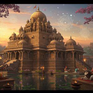 A majestic panoramic scene of Harsha-era architecture featuring a grand stone temple with intricate carved spires and domes in Madhubani art style, illuminated by golden sunset light. In the foreground, detailed sculptures of musicians playing veenas and drums in classical Gupta-style poses. The temple walls showcase elaborate reliefs depicting Buddhist and Hindu scenes in traditional Pattachitra style with deep maroons and peacock blues. Multiple levels of the temple structure show distinctive Vardhana architectural elements with horseshoe-shaped arches and ornate pillars. Floating ethereal mandalas and lotus patterns in glowing pastel colors hover in the sky. The scene includes Indian scholars in period-accurate clothing studying palm leaf manuscripts near a peaceful water pool reflecting the temple. Subtle elements of Chinese influence in the decorative motifs hint at the dynasty's diplomatic connections. The entire composition combines hyperrealistic architectural details with surreal spiritual elements, creating a dreamy atmosphere with soft lighting and rich, deep colors. The scene is framed by blooming kadamba trees and ceremonial torches casting warm golden light.