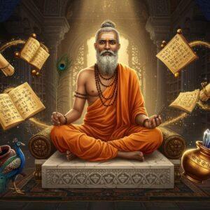 An ancient Indian sage in rich saffron-colored dhoti seated in padmasana on an intricately carved marble platform, surrounded by floating golden Sanskrit manuscripts and scrolls. He has a serene expression, tilak on forehead, and holds a peacock feather quill in his right hand. The background features a grand Gupta-era library with towering bookshelves carved from dark wood. Soft, ethereal light streams through ornate jharokha windows, creating a mystical atmosphere. Decorative Madhubani-style borders frame the scene with peacock motifs and lotus patterns in deep indigo and gold. Crystal ink pots with bronze detailing float nearby, emanating a subtle glow. The scene is enhanced with swirling patterns of golden light representing knowledge and wisdom. The art style combines hyperrealistic details with magical elements, featuring a rich color palette of deep maroons, royal blues, and burnished golds. The lighting is warm and dramatic, creating an atmosphere of timeless wisdom and scholarly pursuit.