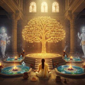 A majestic ancient Indian library-temple fusion structure with soaring marble columns, illuminated by golden spiritual light streaming through ornate windows. In the center, an ethereal holographic tree of knowledge emerges from an intricately carved stone platform, its branches formed by flowing Sanskrit verses in glowing saffron light. The tree is surrounded by four distinct crystalline pools representing each Veda, reflecting different aspects of life - ritual fires, celestial bodies, healing herbs, and musical instruments. Floating mandalas and yantra patterns in deep indigo and gold orbit the scene. In the foreground, a young Indian woman in a cream silk saree with gold border sits in padmasana, surrounded by floating lotus flowers and vedic symbols. Ancient rishis in transparent, ethereal forms appear in the background, their hands raised in blessing. The scene features a seamless blend of Madhubani art patterns along the pillars and Pattachitra-style decorative elements in rich maroon and peacock blue. Mystical smoke with embedded sacred geometry patterns swirls throughout the scene. The lighting is warm and divine, with rays of light creating a heavenly atmosphere. Hyperrealistic digital art style with spiritual overtones.