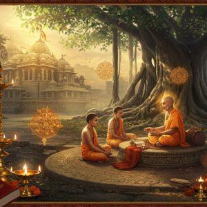 A mystical scene showing an ancient Indian guru in traditional white dhoti seated in padmasana on a carved stone platform, teaching young disciples under a sacred banyan tree. The tree's aerial roots form intricate patterns resembling Sanskrit verses. Golden light streams through the leaves, creating divine patterns on the ground. In the background, a grand traditional Gurukul structure with Vedic architecture. Multiple ethereal, semi-transparent layers show the same scene repeating through different time periods - from ancient to modern, symbolizing continuation of knowledge. The foreground features brass oil lamps, sacred threads, and traditionally bound palm leaf manuscripts. Floating mandalas and geometric Vedic patterns in deep saffron and gold hover in the air. The art style combines hyperrealistic digital rendering with traditional Madhubani patterns in the details. Soft focus on edges with glowing auras around the manuscripts. The lighting is warm and mystical with hints of blue ethereal light. The entire scene is framed by ornate Sanskrit-inspired borders in gold and deep maroon.