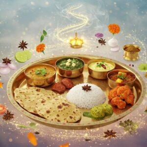 Vibrant traditional Indian thali on a brass plate adorned with intricate Madhubani patterns, floating in a mystical space with swirling golden light. The thali features colorful dishes: saffron-hued dal, emerald palak paneer, ruby-red tandoori cauliflower, pearl-white steamed rice, and rainbow-colored pickles. Ethereal steam rises in artistic spirals, transforming into delicate mandala patterns. Fresh ingredients like lotus-shaped cut vegetables, aromatic spices, and herbs orbit the thali. The scene is set against a dreamy background featuring soft pastel blues and pinks, with floating marigold petals. Traditional Indian motifs like peacocks and elephants are subtly woven into the background patterns. The lighting creates a divine glow around the food, emphasizing its sacred connection to Indian culture. The composition follows golden ratio, with hyperrealistic food details merged with surreal magical elements. Style combines traditional Indian art with modern digital aesthetics, featuring deep jewel tones and metallic accents.