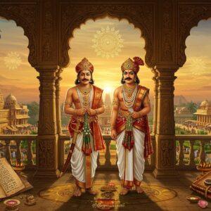 A majestic scene depicting two regal Indian rulers standing side by side on an ornate palace balcony in Pudukkottai, rendered in a blend of Tanjore painting style and modern digital art. The rulers wear elaborate traditional Tamil royal attire with gold-threaded angavastrams, jewel-studded turbans, and pearl necklaces. Behind them, a detailed architectural marvel of the Pudukkottai palace with intricate carved pillars and arches in warm sandstone colors. The scene is illuminated by golden evening light, casting long shadows and highlighting the rulers' noble features. In the foreground, symbolic elements of their reign - ancient Tamil manuscripts, ceremonial swords with jeweled hilts, and royal seals. The background showcases a panoramic view of their kingdom with temple spires, lush gardens, and busy marketplaces. Ethereal motifs of peacocks and lotus flowers frame the composition, while subtle mandala patterns in gold add a spiritual dimension. The artwork style combines hyperrealistic details with traditional Indian art elements, creating a seamless blend of historical accuracy and modern aesthetic appeal. The lighting emphasizes warm golds, deep maroons, and royal blues, with a subtle spiritual glow surrounding the rulers.