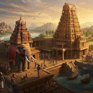 A majestic aerial view of Hampi's Virupaksha Temple complex at golden hour, with intricate Dravidian architecture rendered in deep saffron and gold tones. The foreground shows a detailed scene of warriors in traditional Vijayanagara armor and clothing, wielding distinctive curved swords and shields adorned with empire insignias. The background features towering granite boulders characteristic of Hampi, with detailed carved pillars and mandapas emerging from them. A powerful elephant adorned with royal regalia stands prominently, draped in rich blue and gold fabrics. The scene incorporates flowing water elements representing the Tungabhadra River, with traditional trade boats carrying spices and gems. Magical light streams through the stone pillars, creating dramatic shadows. The artwork style combines historical accuracy with ethereal elements - floating lotus petals, subtle mandalas in the sky, and a mystical glow around the temple spires. Rich jewel tones of peacock blue, deep maroon, and burnished gold dominate the palette, with intricate Madhubani-style patterns woven throughout the architectural details. The scene captures both the grandeur and spirituality of the empire, photorealistic quality with subtle fantasy elements.
