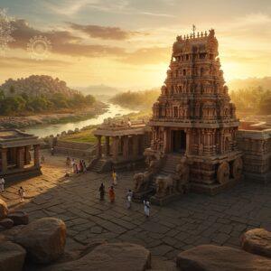 A majestic aerial view of Hampi's Vittala Temple during golden hour, with its iconic stone chariot in the foreground casting long shadows. The intricate carved pillars and mandapas feature detailed Dravidian architecture with geometric patterns and mythological sculptures. Ancient granite boulders frame the scene, their surfaces painted with warm sunset hues. Ethereal beams of light filter through the temple's ornate columns, creating a mystical atmosphere. In the background, the Tungabhadra River winds through the rocky landscape, with palm trees dotting its banks. The scene includes small groups of people in traditional Indian attire to show scale. Floating mandalas and sacred geometric patterns overlay the scene in a subtle, semi-transparent way, merging traditional Madhubani art style with modern digital aesthetics. The color palette features rich golds, deep terracotta, warm browns, and peaceful blue sky tones. Hyperrealistic digital art style with photographic details, enhanced with magical lighting and atmospheric effects. Ultra-detailed, cinematic composition, 8k resolution.