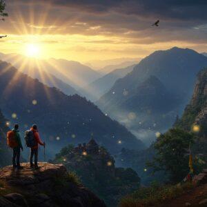 An expansive panoramic view of the ancient Vindhya mountain range at golden hour, with dramatic sun rays piercing through misty clouds. In the foreground, two Indian trekkers (male and female) in modern hiking gear stand on a rocky outcrop, their silhouettes highlighted against the majestic landscape. The scene features multiple layers of mountains in deep blues and purples, with traditional Madhubani-style patterns subtly integrated into the rock formations. Ancient temple ruins peek through the forest canopy, while circling eagles soar above. The vegetation shows distinct Central Indian flora with sal trees and bamboo groves. A winding trail decorated with prayer flags leads into the distance. The color palette combines earthy browns and greens with spiritual gold and saffron accents. Mystical elements include soft glowing orbs of light scattered through the scene and mandala-inspired sun rays. The composition is photographically realistic but enhanced with ethereal lighting and traditional Indian artistic elements, creating a surreal yet authentic atmosphere. Hyperrealistic digital art style, cinematic lighting, atmospheric perspective.