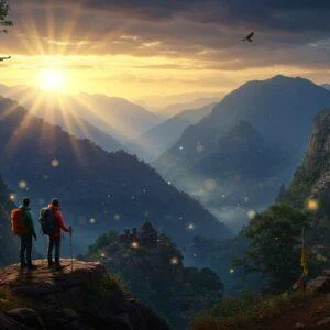 An expansive panoramic view of the ancient Vindhya mountain range at golden hour, with dramatic sun rays piercing through misty clouds. In the foreground, two Indian trekkers (male and female) in modern hiking gear stand on a rocky outcrop, their silhouettes highlighted against the majestic landscape. The scene features multiple layers of mountains in deep blues and purples, with traditional Madhubani-style patterns subtly integrated into the rock formations. Ancient temple ruins peek through the forest canopy, while circling eagles soar above. The vegetation shows distinct Central Indian flora with sal trees and bamboo groves. A winding trail decorated with prayer flags leads into the distance. The color palette combines earthy browns and greens with spiritual gold and saffron accents. Mystical elements include soft glowing orbs of light scattered through the scene and mandala-inspired sun rays. The composition is photographically realistic but enhanced with ethereal lighting and traditional Indian artistic elements, creating a surreal yet authentic atmosphere. Hyperrealistic digital art style, cinematic lighting, atmospheric perspective.
