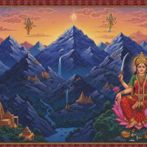 A majestic panoramic view of the mystical Vindhya mountain range at dawn, rendered in rich traditional Indian art style with modern digital aesthetics. The mountains appear in deep blues and purples with golden highlights catching the morning sun. In the foreground, an ethereal figure of Goddess Vindhyavasini in a flowing red silk saree with gold embellishments, seated on a lotus throne, her form semi-transparent and luminescent. She has four arms, holding a sword, a lotus, a bell, and displaying the abhaya mudra. Around the mountains, intricate Madhubani-style patterns depict ancient Hindu symbols and motifs in gold and saffron. Sacred rivers flow from the peaks, illustrated in swirling peacock blue patterns. The sky features mystical elements - floating mandalas, celestial clouds in soft pastels, and subtle representations of various deities who are said to reside in the range. Small temples dot the mountainside, their spires glowing with divine light. The entire scene is framed by detailed border patterns inspired by Pattachitra art, featuring sacred geometric designs and lotus motifs in deep maroon and gold.