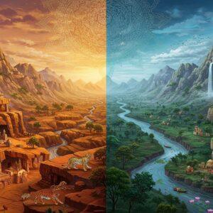 A majestic split-screen panoramic landscape showing two distinct mountain ranges - the Vindhya Range on the left and Satpura Range on the right, rendered in traditional Madhubani art style with modern digital aesthetics. The Vindhya Range depicted with lower elevation, showcasing ancient sandstone formations in deep oranges and reds, dotted with sacred temples and historical caves. The Satpura Range showing higher peaks with dense forests in emerald greens and deep blues, featuring indigenous tribal settlements and cascading waterfalls. A mystical golden light bathes both ranges, with intricate mandala patterns in the sky connecting both ranges. The foreground features a stylized Narmada River flowing between them, rendered in peacock blue with sacred lotus flowers. Wildlife like tigers, leopards, and spotted deer are subtly integrated into the landscape. The scene is enhanced with ethereal mist, glowing morning light, and detailed patterns inspired by tribal art. Both ranges are portrayed with authentic geological features - the Vindhya's flat-topped plateaus and the Satpura's rugged peaks, rendered in a surreal yet geographically accurate style.