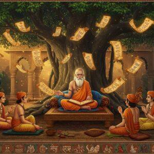 A majestic scene depicting an ancient Indian scholarly setting, with a distinguished elderly sage Vishnu Sharma seated on an ornate wooden platform beneath a sprawling banyan tree. He wears traditional white dhoti and angavastram with sacred thread, teaching young princes seated around him. The background features a grand Gupta-period architectural structure with intricate carved pillars and archways. The scene is illuminated by warm golden light filtering through the banyan leaves, creating mystical patterns. Multiple floating scrolls and palm leaves with Sanskrit inscriptions surround him, rendered in a glowing ethereal style. Peacocks and royal animals like tigers are shown in Madhubani art style in the background. The color palette includes deep royal blues, burnt orange, gold leaf effects, and earthy browns. The entire scene is framed by an ornate border featuring motifs from Panchatantra stories - clever foxes, wise owls, and noble lions in traditional Pattachitra style. Photorealistic rendering with magical realism elements, emphasizing the scholarly and mystical atmosphere. Strong depth of field with the focal point on Vishnu Sharma's serene, wise expression.