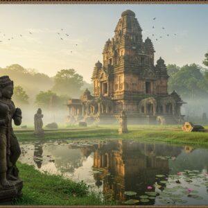 A majestic ancient stone temple complex emerging from misty hills, featuring intricate Kamasutra-style carvings and sculptures in weathered sandstone. The central temple stands tall with multiple tiers, surrounded by scattered ruins and broken pillars covered in moss. Early morning golden sunlight filters through the mist, creating a mystical atmosphere. In the foreground, detailed stone sculptures of celestial dancers (apsaras) in traditional Assamese attire with elaborate jewelry. The scene includes blooming water lilies and lotus flowers in a nearby pond, reflecting the temple's silhouette. The architectural style is distinctly Nagara with elements of Nilachal architecture. The color palette combines earthy browns and grays of the stones with vibrant greens of subtropical vegetation, highlighted by soft golden light. Art style merges hyperrealistic archaeological detail with ethereal lighting and Madhubani-inspired decorative elements in the borders. Multiple stone elephants guard the temple premises, their surfaces adorned with ancient patterns and symbols.