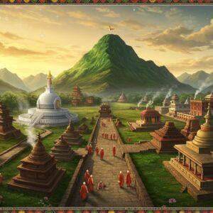 A serene aerial view of ancient Rajgir valley at golden hour, with majestic emerald-green Vulture Peak (Gridhakuta) rising prominently in the center, surrounded by five hills forming a natural fortress. The foreground shows intricate Madhubani-style illustrated Buddhist pilgrims in contemporary clothing walking along the ancient stone paths. The scene features the iconic Vishwa Shanti Stupa gleaming in white against the warm sky, with detailed Japanese architectural elements. The hot springs emit mystical steam in soft pastel hues. Ancient stone walls and ruins blend seamlessly with modern buildings. Rays of sunlight filter through clouds, creating divine spotlights on key historical sites. The color palette combines deep earthy tones with ethereal golds and soft blues. Small groups of monks in saffron robes add vibrant color spots across the landscape. Detailed architectural elements of Venuvana monastery visible in bamboo groves. The style merges photorealistic landscape with traditional Indian art patterns in the sky and vegetation, lending a magical yet authentic atmosphere. Soft glowing mandalas float in the sky, while ethereal lotus flowers bloom along the pathways.