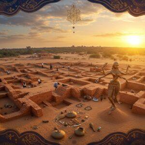 A stunning aerial view of an ancient Indus Valley cityscape at sunset, featuring meticulously detailed archaeological excavation sites with exposed brick structures and streets in warm terracotta tones. In the foreground, a beautifully detailed traditional bronze dancing girl statue emerges from the sand, standing 8 feet tall, adorned with intricate Indus Valley jewelry patterns. The scene is illuminated by golden-hour sunlight, casting long shadows across the excavated ruins. Ancient pottery shards and artifacts in copper and bronze colors are scattered artistically around the base. The background showcases modern Indian archaeologists in field gear carefully working at the site, with their tools catching the sunlight. Swirling Madhubani-style patterns in deep indigo and burnt sienna frame the composition, morphing into architectural motifs of the Indus Valley period. The sky features subtle sacred geometry patterns in gold leaf effect, reminiscent of ancient Indus Valley seals. Art style should blend photorealistic archaeology photography with mystical Indian art elements, rendered in rich, earthy colors with hints of metallic gold and copper.