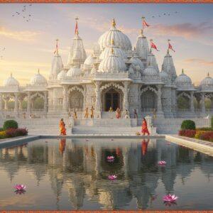 A majestic white marble Swaminarayan temple complex rising against a dawn sky with soft golden and pink hues, featuring intricate Indian architectural details and multiple ornate spires (shikhars). The main entrance has elaborately carved pillars with traditional gujarati motifs. A serene reflecting pool in the foreground mirrors the temple's grandeur, with floating lotus flowers in pink and white. Two devotees in traditional gujarati attire (man in white kurta-dhoti, woman in chanderi saree) performing pradakshina around the temple. Surrounding gardens feature maruliya trees and colorful tropical flowers. Soft rays of morning sunlight filtering through the carved jharokhas creating patterns on the marble floor. The scene combines photorealistic architecture with ethereal lighting and Madhubani-style decorative elements in the borders. Multiple golden kalashes atop the shikhars gleaming in sunlight. Digital art style with attention to architectural accuracy, emphasizing the spiritual atmosphere through subtle light effects and morning mist.