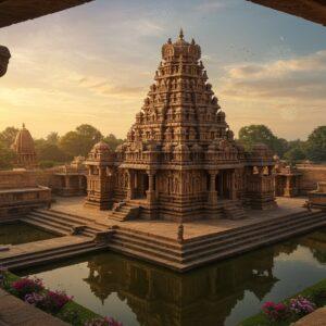 An aerial view of a magnificent Chalukyan temple complex at sunset, featuring intricate stepped pyramidal towers with ribbed cushion moldings and ornate kalashas. The temple's honey-colored sandstone architecture glows in warm golden light. In the foreground, detailed Chalukyan-style carved pillars with medallions and geometric patterns stand proud. The scene includes a grand water tank with stepped ghats reflecting the temple's image. Intricate relief sculptures depicting scenes from Hindu mythology adorns the walls. Flowering trees and preserved gardens surround the complex. The sky features mystical elements with floating mandalas and subtle sacred geometry patterns in peacock blue and gold. The scene is rendered in a fusion of hyperrealistic digital art with traditional Madhubani patterns in the details. Soft ambient lighting highlights the architectural details while creating a dreamy, ethereal atmosphere. The composition should emphasize the grandeur and sophistication of Western Chalukyan architecture while maintaining historical accuracy in structural details.