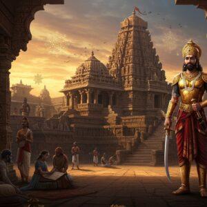 A majestic panoramic scene of a Western Chalukya palace complex at sunset, featuring intricate Chalukyan architecture with their signature ornate pillars and stepped diamond designs. In the foreground, a powerful, regal Indian ruler (resembling Vikramaditya VI) stands wearing elaborate golden armor and crown, adorned with precious gems, holding a gleaming sword. Behind him, the magnificent Mahadeva Temple at Itagi rises with its detailed stone carvings and massive shikhara. The scene includes ethereal elements like floating mandalas and sacred geometric patterns in gold and deep saffron. The background showcases artists crafting sculptures, scholars studying manuscripts, and soldiers training - representing the dynasty's patronage of arts and military might. The lighting is dramatic with warm golden rays filtering through ornate stone windows, casting intricate shadows. The color palette features rich maroons, deep blues, and burnished gold. The scene incorporates authentic Chalukyan motifs, including their royal emblem and distinctive architectural elements. The style merges hyperrealistic architectural details with mystical Indian art elements, creating a sense of both historical accuracy and spiritual grandeur.