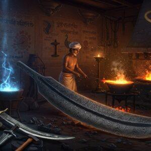 A majestic ancient Indian forge set against a backdrop of intricate Madhubani-style patterns, featuring a master craftsman in traditional dhoti working on a glowing damascus-patterned sword blade. The blade exhibits distinctive wavy patterns in deep black and silvery steel. The workshop is illuminated by ethereal golden light from a traditional oil lamp, creating dramatic shadows. Surrounding the craftsman are detailed tools, hammers, and traditional crucibles with molten metal showing a brilliant blue-white glow. The walls feature detailed metallurgical diagrams in the style of ancient Indian manuscripts, decorated with peacock motifs and geometric patterns. In the foreground, completed Wootz steel items display their characteristic water-ripple patterns, including daggers, sword blades, and armor pieces. The scene combines hyperrealistic metalwork details with surreal, spiritual elements like floating golden mandalas and swirling energy patterns around the heated metal. The color palette features deep indigos, molten oranges, burnished golds, and steel greys. The atmosphere is mystical yet technical, with small sparks and embers floating in the air, catching light like stars.