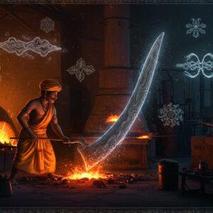 A majestic Indian metalsmith in traditional dhoti, intricately detailed with Madhubani-style patterns, working at an ancient forge with glowing damascus patterns floating in the air around him. The central focus shows a magnificent curved sword blade emerging from molten metal, displaying distinctive wavy patterns of authentic Wootz steel in shades of deep silver and charcoal. The background features a harmonious blend of ancient and modern elements - traditional mud furnaces on one side transitioning into modern metallurgy equipment on the other. Floating geometric patterns inspired by authentic Wootz steel patterns create a mystical frame. The scene is illuminated by both the warm orange glow of the forge and cool blue highlights from modern laboratory equipment. The metalsmith's workspace is adorned with traditional Indian motifs in gold and peacock blue, with subtle mandalas incorporating metallurgical symbols. The lighting creates dramatic shadows that emphasize the textures of the steel. Intricate Pattachitra-style border details feature historical scenes of sword-making. Everything rendered in hyperrealistic detail with a magical, ethereal quality.