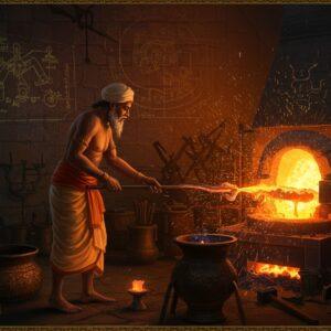 A masterful Indian metalsmith in traditional dhoti and angavastram, illuminated by the orange glow of a blazing crucible forge, crafting legendary Wootz steel. His workshop features intricate Madhubani-style wall patterns depicting ancient metallurgy symbols. The central focus shows molten steel with its characteristic watery pattern (damascus waves) flowing like liquid gold. Surrounding the scene are traditional tools - hammers, tongs, and crucibles decorated with traditional Indian motifs. The background shows detailed metallurgical diagrams drawn in golden lines floating ethereally. The lighting is dramatic, with sparks flying and casting deep shadows. The color palette consists of deep oranges, molten golds, and rich browns, with hints of peacock blue in the steel's pattern. The scene is framed by ornate metalwork borders featuring intertwined lotus and peacock designs. The artwork style combines hyperrealistic metallurgy details with surreal, spiritual elements, creating a bridge between ancient craftsmanship and divine inspiration. High-quality digital art style with photorealistic textures and dramatic lighting.