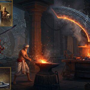 A mesmerizing scene showcasing a master Indian blacksmith in traditional dhoti crafting a curved Damascus blade using ancient Wootz steel, surrounded by swirling patterns of the distinctive watered steel design. The forge glows with intense blues and golds, creating magical sparks that form the characteristic crystalline patterns of Wootz steel in the air. In the background, a stylized collage shows silhouettes of Age of Empires warriors wielding Wootz steel swords, alongside One Piece's legendary Yoru blade. The scene is rendered in a fusion of Madhubani art patterns and modern digital art style, with intricate metalwork details in gold and silver. The lighting emphasizes the mythical properties of the steel, with the metal seeming to capture and reflect light in impossible ways. The environment features ancient Indian forge architecture with ornate pillars and geometric patterns, while floating mandalas made of intermeshed gears and sword patterns hover in the background. The color palette combines deep damascus blues, molten gold, burning orange, and cool metallic silvers, all rendered in high detail digital art style with photorealistic textures.