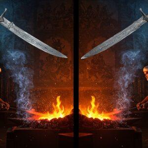 A dramatic scene featuring two master Indian blacksmiths in traditional dhoti and angavastram, working side by side in a mystical ancient forge. On the left, a craftsman forges gleaming Wootz steel with its characteristic watery pattern in deep black and silver, while on the right, another shapes Damascus steel with its flowing rose patterns in lighter grey. The forge is illuminated by golden-orange flames, creating dramatic shadows. In the background, intricate Madhubani-style patterns showcase historical warfare scenes. Floating above are two magnificent swords - one made of polished Wootz steel showing distinct crystalline patterns, another of Damascus steel displaying its signature swirling designs. The scene is enhanced by ethereal blue smoke tendrils forming mandala patterns, with floating sparks creating a magical atmosphere. The lighting is dramatic with deep contrasts between the fire's glow and shadows. The metalwork should be photorealistic while the background maintains a stylized Indian art influence. The scene captures both the scientific precision of metallurgy and the mystical artistry of ancient Indian steelmaking.