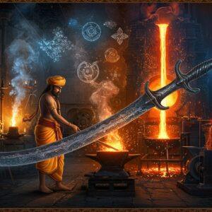A majestic Indian metallurgist in traditional dhoti and angavastram working at an ancient forge, surrounded by intricate Wootz steel damascus patterns floating ethereally in golden light. The central piece shows a magnificent curved sword with distinctive watery damascus patterns, partially transformed into modern industrial machinery and laboratory equipment. The background features a mystical blend of ancient Indian temple architecture with modern metallurgical facilities. Glowing molten metal flows in spiral patterns, creating mandala-like formations. The scene is illuminated by both traditional oil lamps and modern analytical instruments, casting warm golden and deep blue hues. Detailed metallic patterns and crystalline structures float in the air like cosmic arrangements. The art style merges traditional Madhubani patterns in the borders with hyper-realistic metallic textures, all rendered in rich colors of molten gold, deep indigo, and burning copper. Smoke wisps form sacred geometric patterns, while sparks dance like stars around the composition.