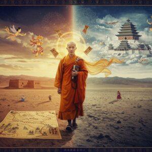 A serene Chinese Buddhist monk in traditional saffron robes walking on an ancient Silk Road path, half of his figure rendered in realistic historical detail showing travel-worn robes and a peaceful expression, while the other half transforms into a mythical interpretation with flowing golden aura and floating Buddhist scriptures. The background splits dramatically - one side shows the realistic harsh terrain of the Taklamakan Desert with actual historical landmarks he visited, while the other side depicts a fantastical realm with flying apsaras, mythical creatures, and the legendary White Horse Temple floating in clouds. In the foreground, a physical map of his actual journey route glows with golden light, contrasting with shadow reflections showing scenes from fictional Journey to the West. The scene is rendered in a fusion of traditional Indian Madhubani pattern work (especially in the borders and decorative elements) and modern digital art style with rich jewel tones of deep blue, gold, and crimson. Ethereal lighting bathes the scene in a mystical glow, with intricate mandalas floating in the background. The art style maintains photorealistic elements while incorporating spiritual symbolism and surreal elements.
