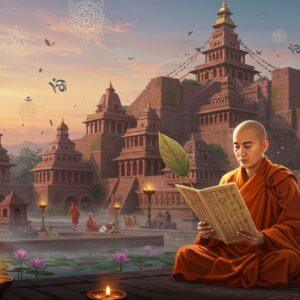 A serene Indian landscape at dawn, featuring the majestic Nalanda University complex with traditional Buddhist architecture, intricately detailed with red brick structures and ornate carvings. In the foreground, Xuanzang, depicted as a Chinese Buddhist monk in saffron robes, holds ancient palm-leaf manuscripts, his face showing determination and wisdom. The university buildings rise behind him with multiple levels, decorated with detailed Gupta-era architectural elements, stupas, and meditation halls. Surrounding the scene are blooming lotus ponds, with soft morning mist creating an ethereal atmosphere. Indian scholars in traditional attire are seen studying in the courtyard. The sky features gentle golden-pink hues with floating prayer flags, while Buddhist symbols and mandalas appear as subtle, glowing elements in the air. The scene is rendered in a blend of realistic digital art with traditional Pattachitra-style decorative elements, using a color palette of deep maroons, warm golds, and peaceful blues. Multiple oil lamps illuminate the scene, creating a mystical glow around the ancient manuscripts and architecture.