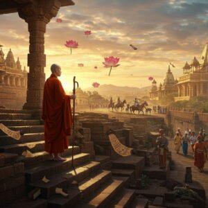 A serene Chinese Buddhist monk in simple saffron robes, Xuanzang, standing atop ancient stone steps of Valabhi University ruins in Gujarat, his travel scroll and walking staff in hand. Behind him, a grand architectural vista combines ancient Indian and Buddhist elements with intricate Madhubani-style patterns. The scene features detailed period-accurate structures with carved pillars and stupas. Floating ethereal lotuses and glowing mandalas frame the composition. The lighting is warm and golden, casting long shadows at sunset. In the background, merchant caravans with horses and traders in period-accurate 7th century costumes move along the Silk Road. Traditional Indian motifs like peacocks and elephants are subtly woven into the architectural details. The art style merges hyperrealistic digital rendering with traditional Indian art elements, emphasizing rich colors of deep maroon, royal blue, and gold. Soft particle effects and floating prayer scrolls add a mystical atmosphere. The monk's expression is peaceful yet determined, symbolizing his epic journey.