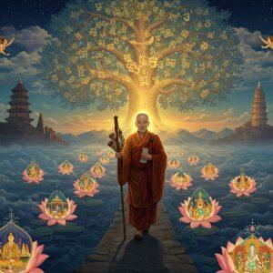 A serene night scene depicting a noble Chinese Buddhist monk Xuanzang in traditional Tang dynasty robes walking on an ancient Silk Road path. He carries sacred scrolls and a walking staff, illuminated by a soft golden ethereal light. Behind him, a massive ethereal Bodhi tree stretches into the starlit sky, its branches transforming into flowing golden Sanskrit scriptures. The background features a dreamy blend of iconic landmarks: the Nalanda University's architecture merging with Chinese pagodas through misty clouds. In the foreground, floating lotus flowers in deep blues and soft pinks create a path, each containing miniature scenes from his journey. The art style combines traditional Indian Madhubani patterns in the borders with modern digital art techniques, utilizing a color palette of deep indigos, burnished golds, and soft oranges. Delicate mandalas float in the air, emitting a gentle glow. The monk's face shows determination and wisdom, with photorealistic details but maintaining spiritual serenity. The composition includes subtle elements of both Chinese and Indian Buddhist iconography, with flying celestial beings (apsaras) in the distance and auspicious clouds in traditional Chinese style.