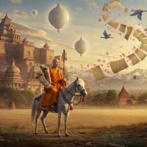 A serene Chinese Buddhist monk in saffron robes, Xuanzang, riding a white horse through a mystical Indian landscape. He carries ancient scrolls and a walking staff adorned with Buddhist symbols. The background features the magnificent Nalanda University with intricate architectural details, rendered in traditional Madhubani art style with modern digital touches. Golden rays illuminate the scene while floating lotus petals create a ethereal atmosphere. The landscape transitions from the Silk Road's desert to lush Indian vegetation, with snow-capped Himalayas in the far distance. Ornate mandalas float in the sky like celestial bodies, rendered in peacock blue and deep maroon. Sacred Buddhist texts and manuscripts swirl around him in a spiral pattern, transforming into flying birds. The scene includes subtle elements from his journey - the Bodhi tree, stupas, and ancient monasteries, all depicted in a harmonious blend of traditional Indian art and contemporary digital aesthetics. The lighting is dream-like with soft golden hour glow, creating a surreal, spiritual atmosphere. Photorealistic rendering with mystical elements, cinematic composition, detailed textures, volumetric lighting.