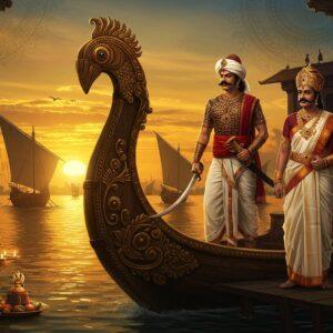 A majestic naval scene depicting the Kunjali Marakkar, dressed in traditional Muslim warrior attire with golden embellishments, standing proudly on an intricately carved Malayalam-style warfare ship with curved bow adorned with peacock motifs. He holds a traditional sword with jeweled hilt. Beside him stands the Zamorin in royal Kerala attire wearing silk mundu and gold ornaments, including a distinctive crown. The background shows the historic Kozhikode port at sunset with multiple traditional dhows and naval vessels with triangular sails. The water reflects golden light and features stylized Madhubani-style waves. The sky includes subtle mandala patterns in saffron and deep blue. The scene is framed by traditional Kerala architectural elements like carved wooden pillars and bronze oil lamps. The art style combines hyperrealistic details with mystical Indian art elements, dramatic lighting highlighting the alliance between these two powerful figures. The color palette focuses on deep navy blues, burnished golds, and rich crimsons typical of Kerala's royal heritage.