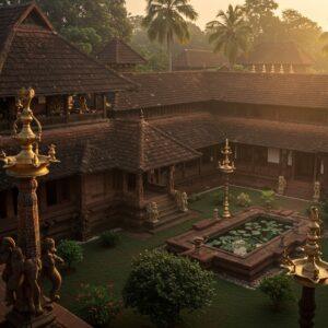 A majestic aerial view of a traditional Kerala temple complex at sunset, featuring ornate copper-plated roofs with sweeping curves and golden finials catching the warm light. In the foreground, intricately carved wooden pillars adorned with traditional Malayalam motifs and elephant carvings stand tall. The scene includes a grand palace structure with characteristic Kerala architecture - sloped tiled roofs, carved wooden eaves, and courtyard pools filled with lotus flowers. Soft beams of golden light filter through coconut palms, illuminating the detailed craftsmanship of the buildings. The composition includes miniature elements of Madhubani-style borders featuring peacocks and lotus patterns. The color palette combines deep maroons, burnished golds, forest greens, and rich earth tones. Multiple levels of architecture create depth, with detailed wooden lattice work and brass lamps casting intricate shadows. Mist rises from the surrounding tropical landscape, giving the scene an ethereal quality. The style merges photorealistic architectural details with stylized Indian artistic elements, creating a seamless blend of historical accuracy and artistic interpretation.