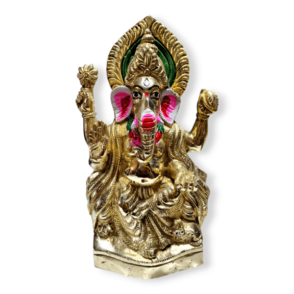 Pure Brass Golden colored Statue Of Hindu God Ganesha- 11" Pure Pittal Murti