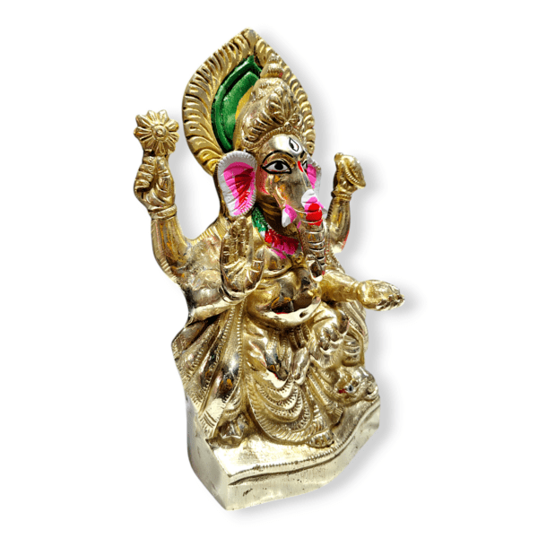Pure Brass Golden colored Statue Of Hindu God Ganesha- 11" Pure Pittal Murti - Image 3