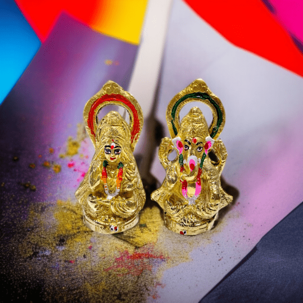 Pure Brass Lakshmi And Ganesha Golden Colored Idol - 4.3" & 4.5" Well Polished Pittal Murti - Image 2